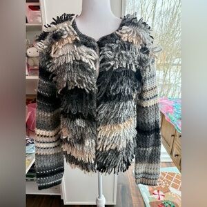 Trina Turk Shaggy Loop Crochet Cardigan Gray Neutral Medium